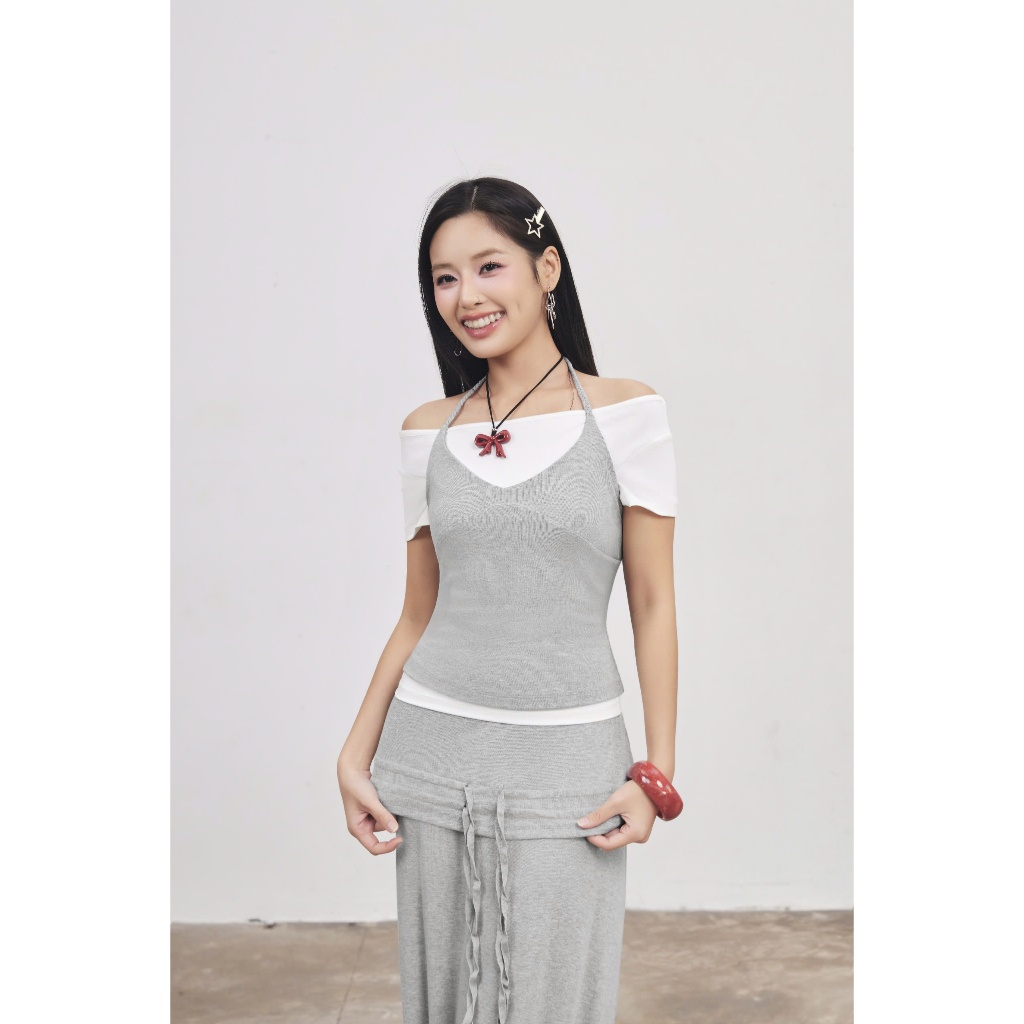 (Bán Lẻ) Set Nữ PANISH Áo Cổ Yếm Phối Chân Váy Dài Chất Thun Lạ Mắt SECODEE