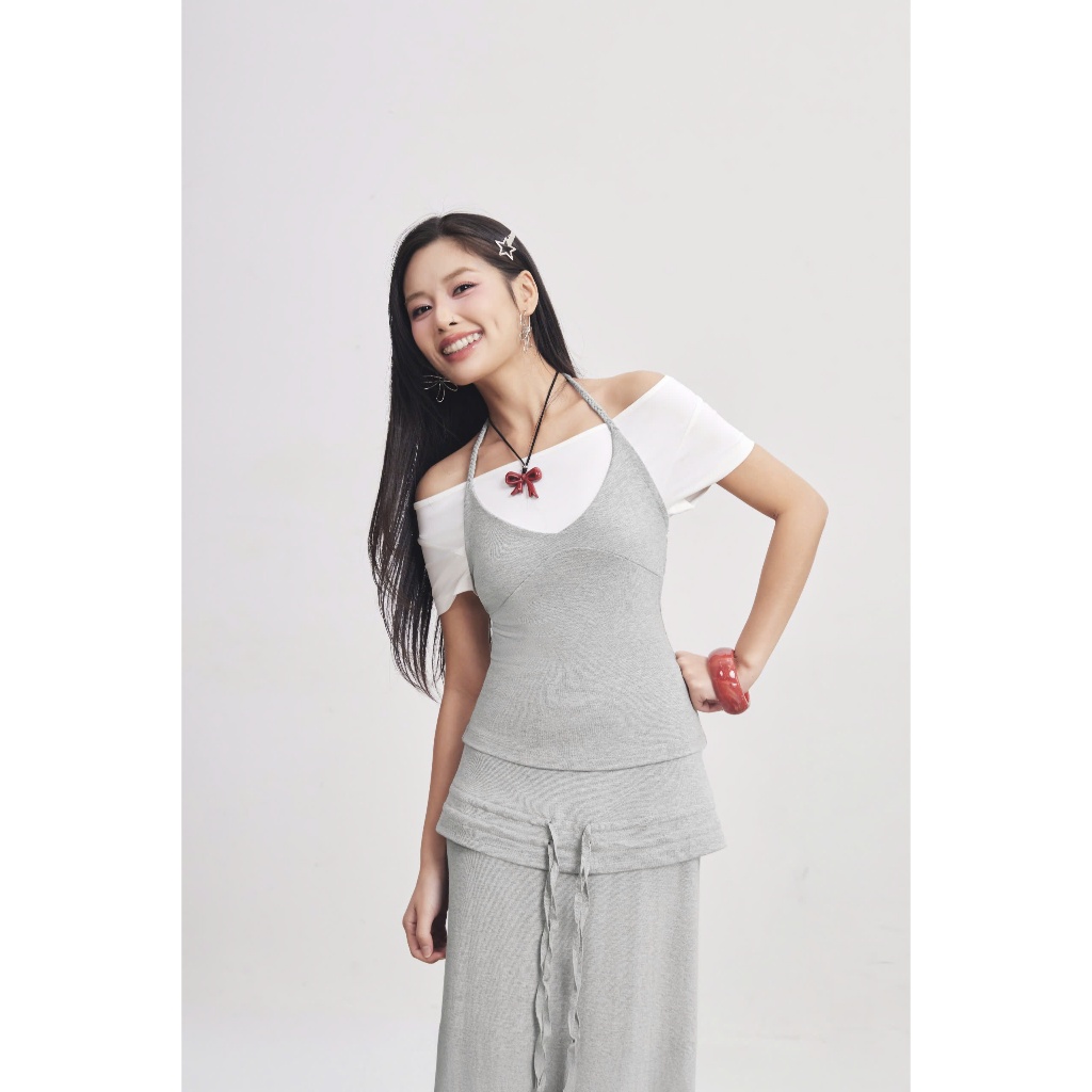 (Bán Lẻ) Set Nữ PANISH Áo Cổ Yếm Phối Chân Váy Dài Chất Thun Lạ Mắt SECODEE