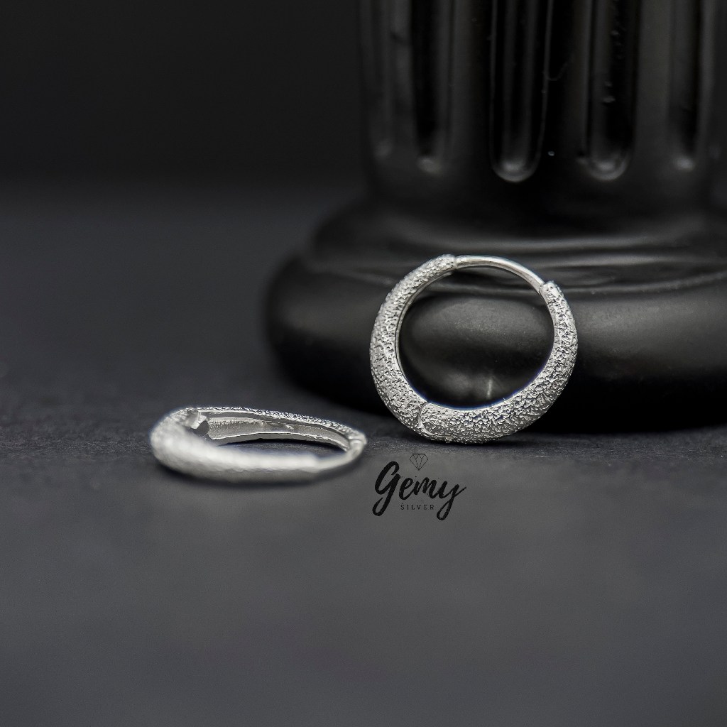 Khuyên tai nam tròn bạc 925 Galaxy thiết kế nhám kim tuyến unisex (1 chiếc) KN63 | GEMY SILVER