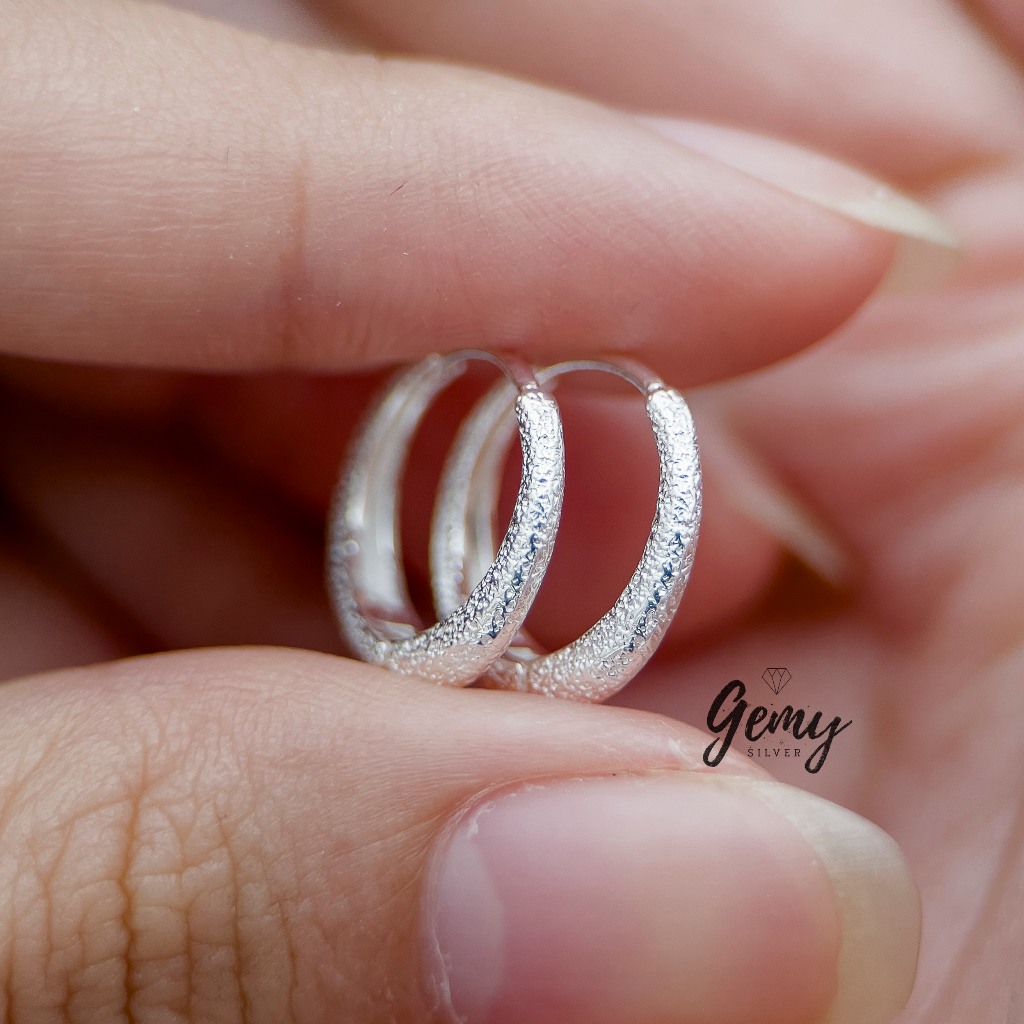 Khuyên tai nam tròn bạc 925 Galaxy thiết kế nhám kim tuyến unisex (1 chiếc) KN63 | GEMY SILVER