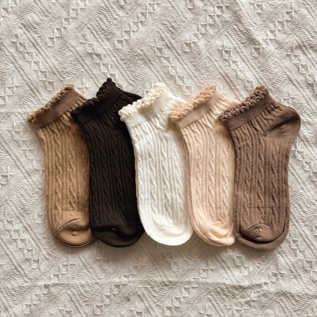 Tất Vớ Nữ Cổ Ngắn Phong Cách Dễ Thương Ren Bèo Nhún Lolita Chất Cotton Co Giãn Mềm Mại Thấm Hút Màu Trơn
