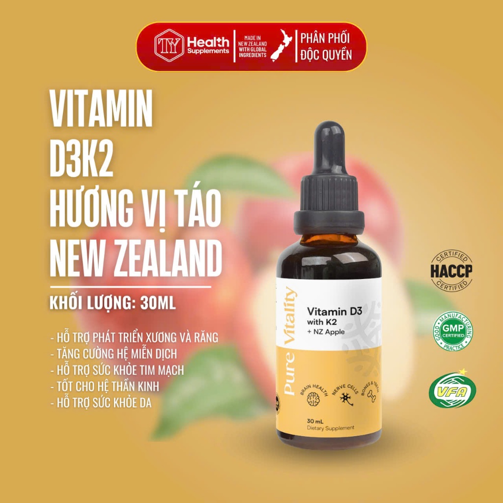 Vitamin D3K2– Hỗ Trợ Phát Triển Xương Răng, Tăng Đề Kháng, Tim Mạch – Lọ 30ml