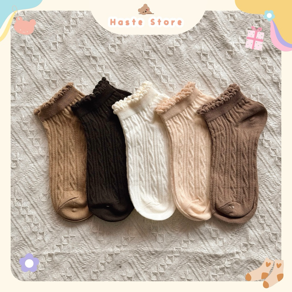 Tất Vớ Nữ Cổ Ngắn Phong Cách Dễ Thương Ren Bèo Nhún Lolita Chất Cotton Co Giãn Mềm Mại Thấm Hút Màu Trơn