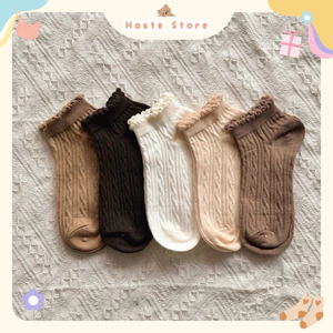 Tất Vớ Nữ Cổ Ngắn Phong Cách Dễ Thương Ren Bèo Nhún Lolita Chất Cotton Co Giãn Mềm Mại Thấm Hút Màu Trơn