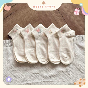 Tất Vớ Nữ Cổ Lửng Phong Cách Dễ Thương Dập Hình Nơ Thỏ Hoa Chất Cotton Co Giãn Mềm Mại Thấm Hút Màu Trơn