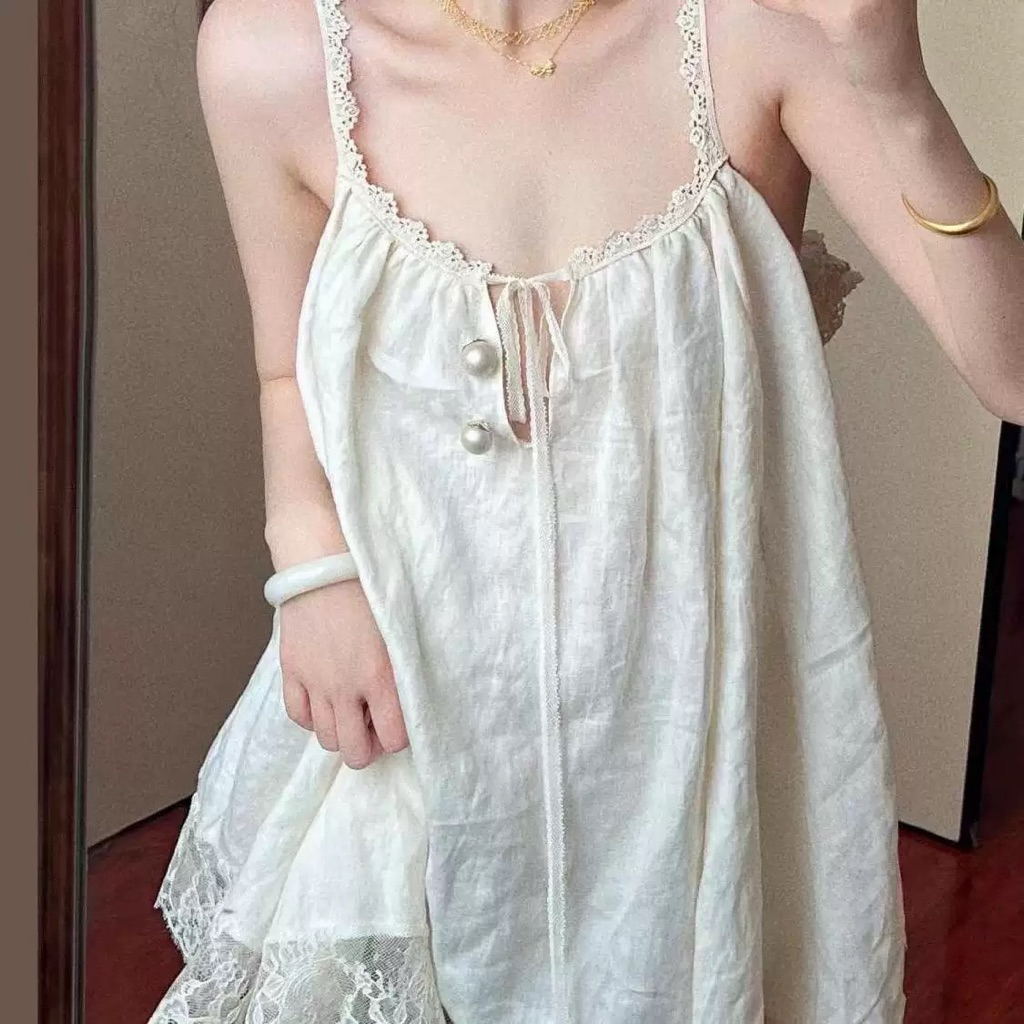 Váy Mặc Nhà Nữ Hai Dây Phối Ren Dáng Babydoll Tiểu Thư