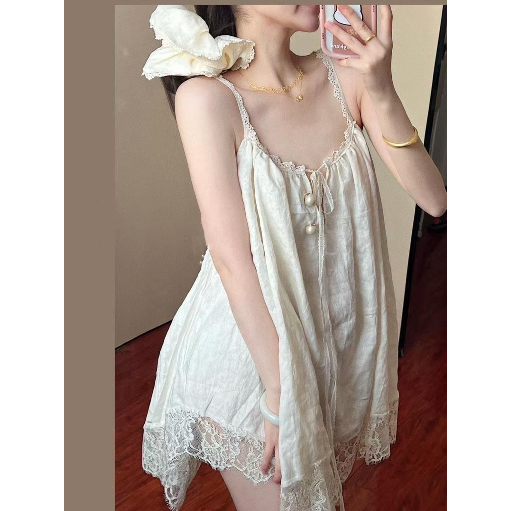 Váy Mặc Nhà Nữ Hai Dây Phối Ren Dáng Babydoll Tiểu Thư