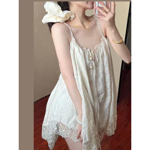 Váy Mặc Nhà Nữ Hai Dây Phối Ren Dáng Babydoll Tiểu Thư