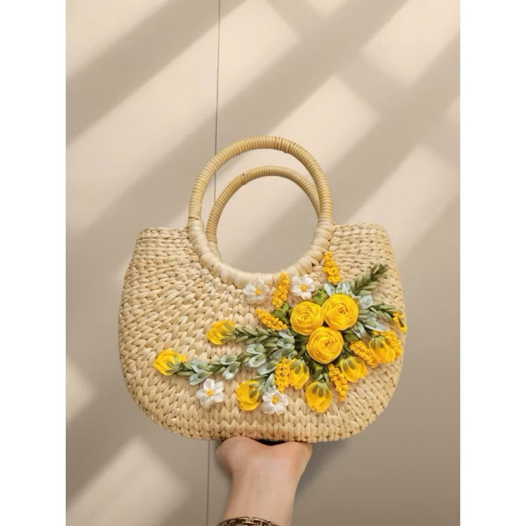 Túi cói lục bình vintage đính hoa ruy băng hàng loại 1