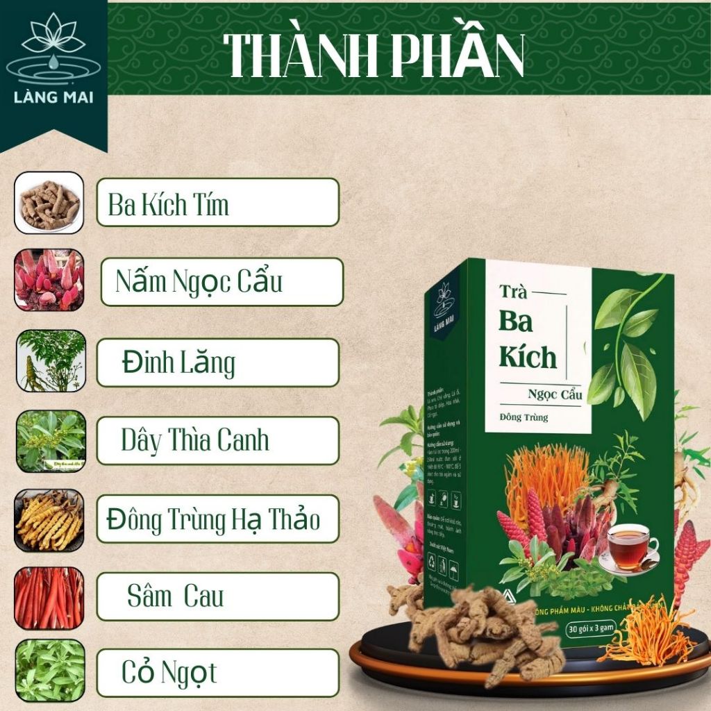 [ Dùng Thử ] Trà Phục Dương Ba Kích Ngọc Cẩu - Làng Mai - 7 Vị thảo dược, Hộp 30 túi lọc
