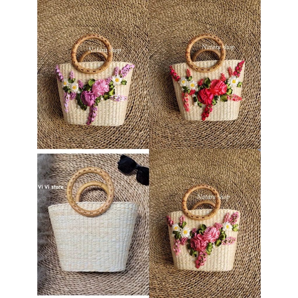 Túi cói lục bình handmade thêu hoa ruy băng hàng loại 1 hàng cao cấp
