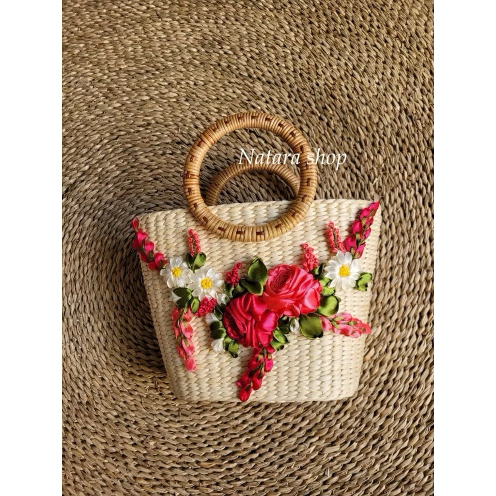 Túi cói lục bình handmade thêu hoa ruy băng hàng loại 1 hàng cao cấp