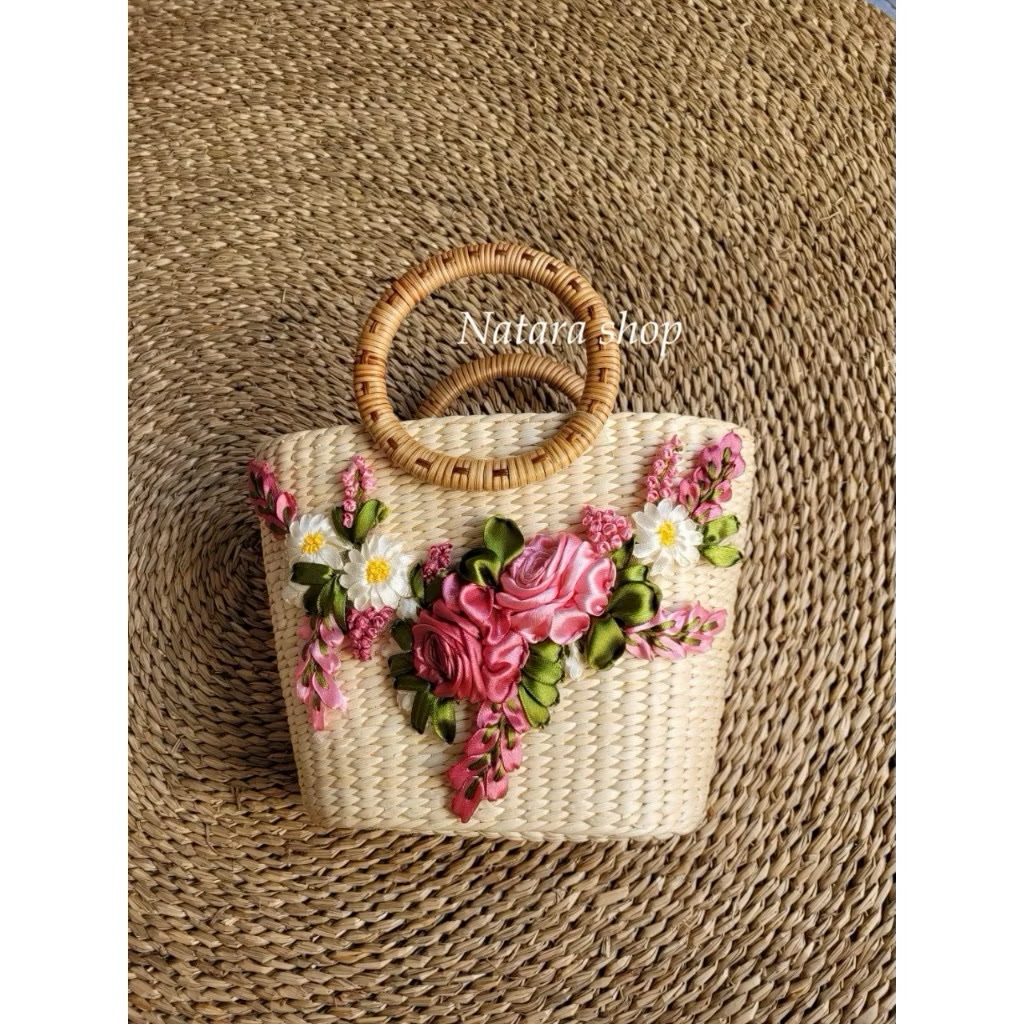 Túi cói lục bình handmade thêu hoa ruy băng hàng loại 1 hàng cao cấp