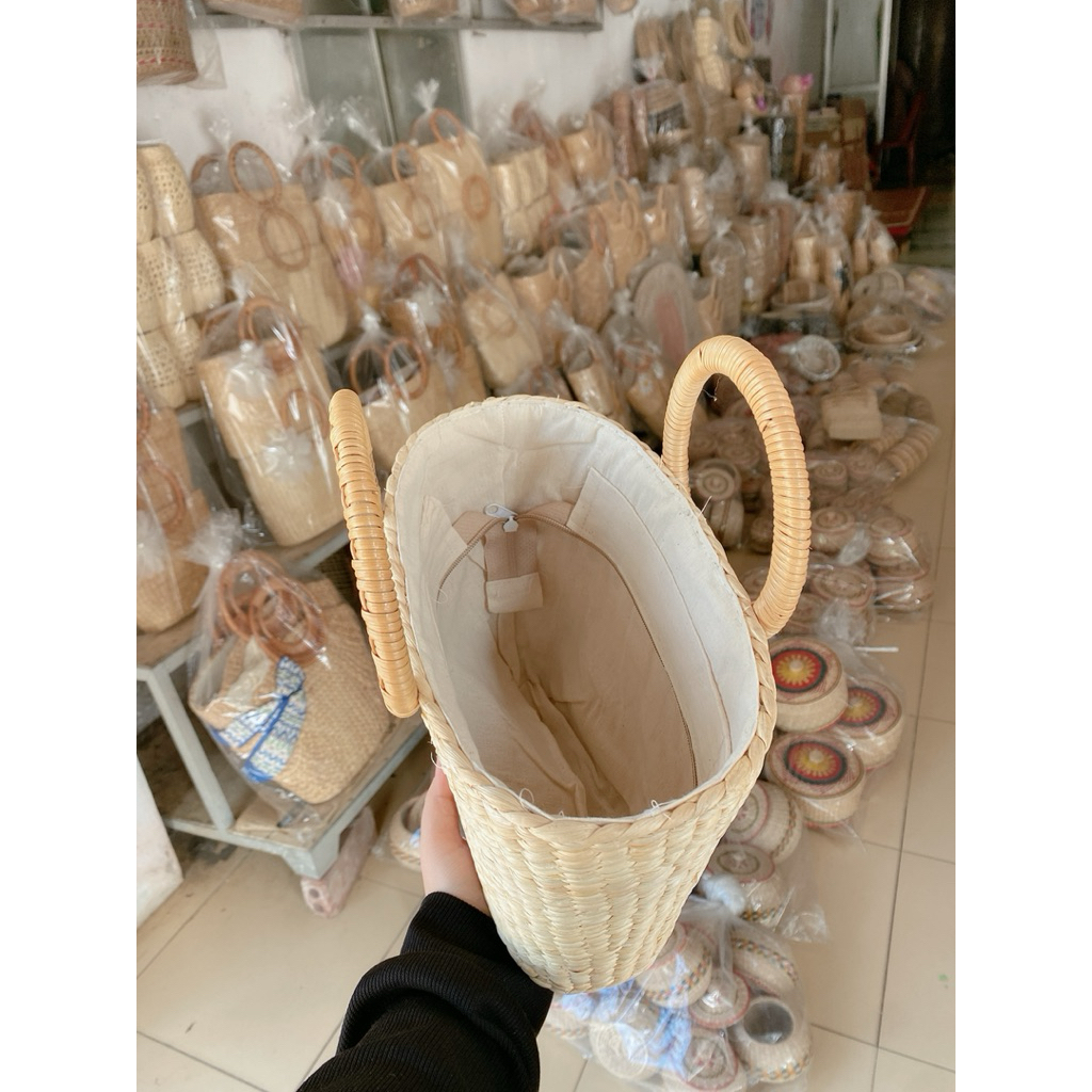 Túi cói lục bình handmade thêu hoa ruy băng hàng loại 1 hàng cao cấp