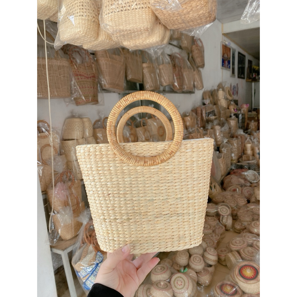 Túi cói lục bình handmade thêu hoa ruy băng hàng loại 1 hàng cao cấp