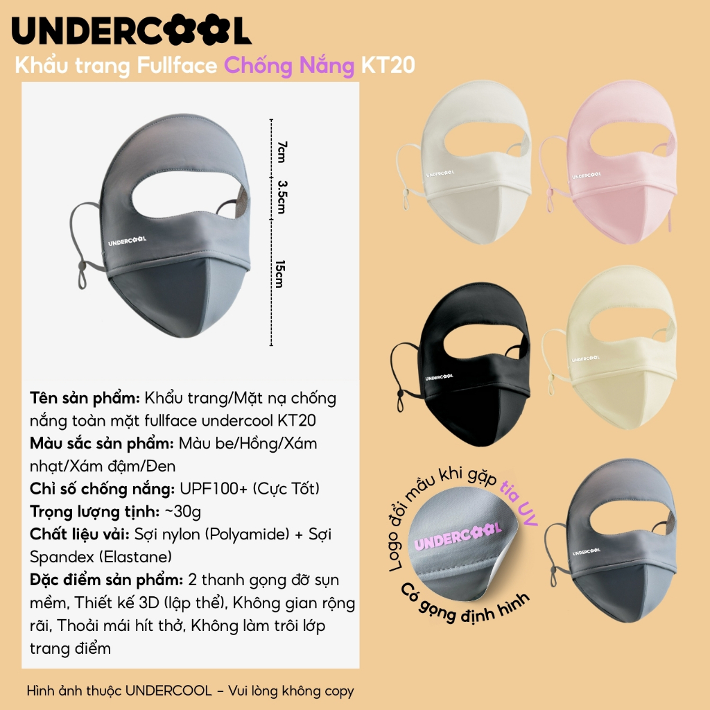 Khẩu trang toàn mặt Fullface chống nắng chống UV UNDERCOOL - Che trán toàn diện, Logo đổi mầu thông minh KT20