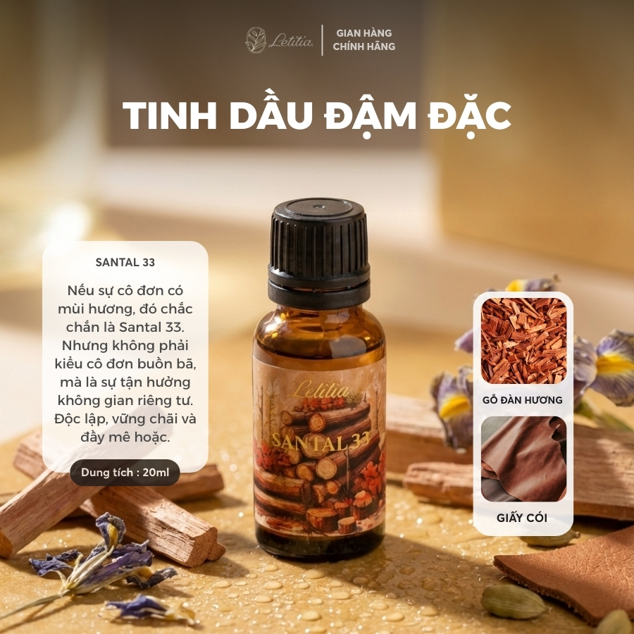 Tinh Dầu Đậm Đặc Nước Hoa Letitia Santal 33, Hương Thơm Sang Trọng, Giúp Thư Giãn & Dễ Ngủ Size 20ml