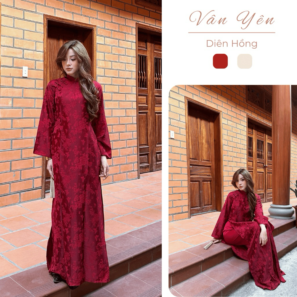 Áo Dài Diên Hồng 2 Tà Cách Tân Dáng Suông Cổ Truyền Thống 2.5cm - Áo Dài Vân Yên VY016