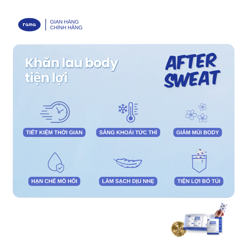 Khăn khử mùi cơ thể mát lạnh RAMA After Sweat Không cồn Không bết dính Sạch mồ hôi Túi 16 khăn riêng
