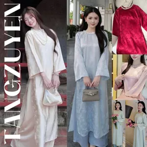 Áo dài cách tân cổ tròn đính kim sa lụa gấm trúc dáng suông sang chảnh + Quần lụa dài ống rộng truyền thống lễ tết T1462
