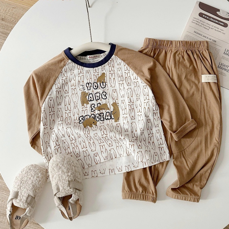 Set bộ dài tay bé trai Miniumbaby hình mặt thú dễ thương mặc thu đông chất áo cotton mềm mại SB2473