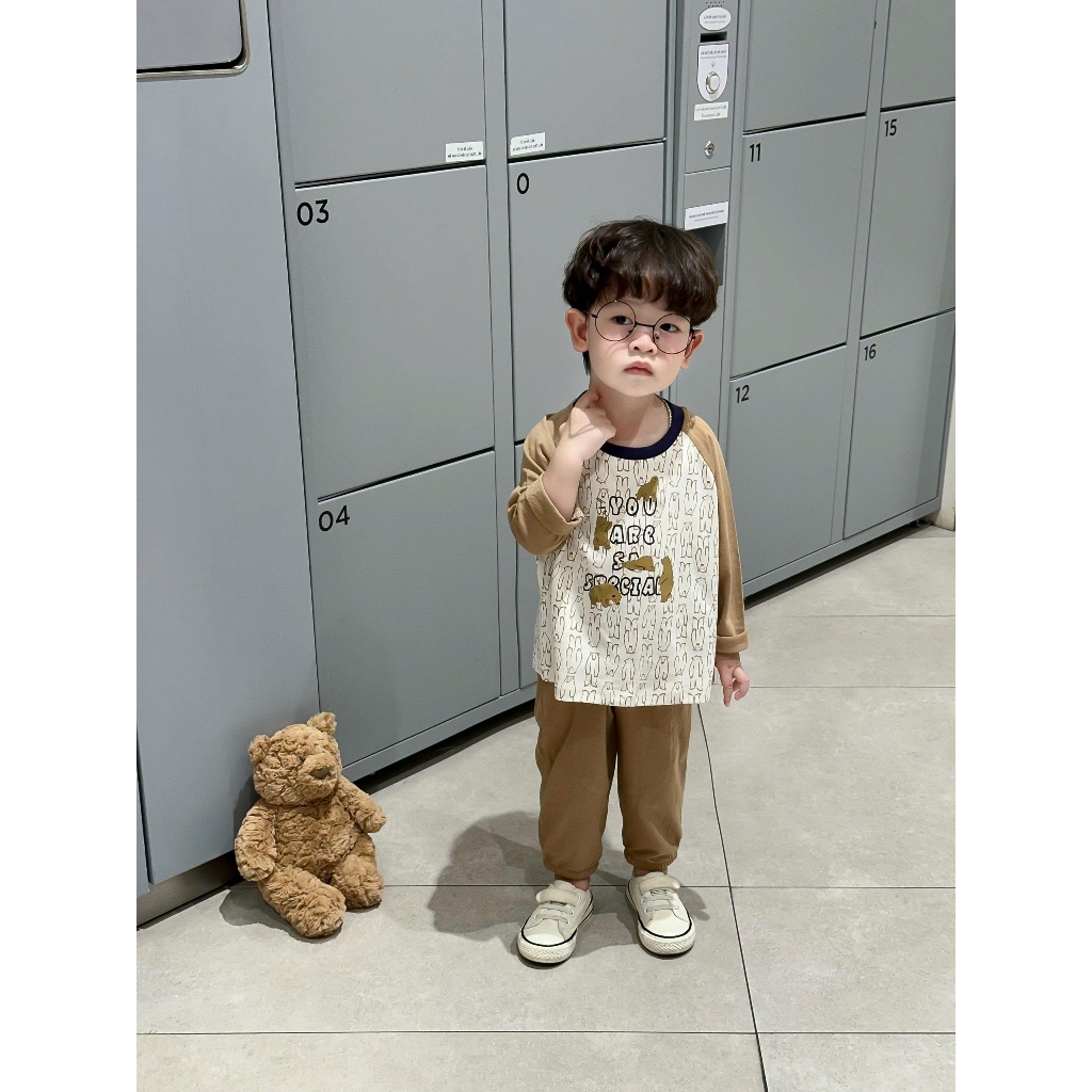 Set bộ dài tay bé trai Miniumbaby hình mặt thú dễ thương mặc thu đông chất áo cotton mềm mại SB2473