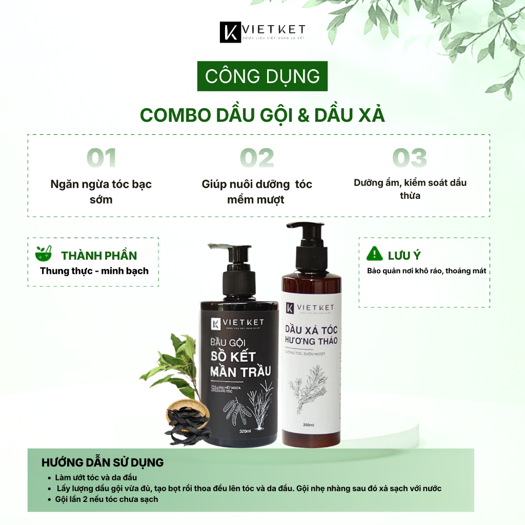 [COMBO GỘI + XẢ] Dầu gội Bồ kết Mần trầu & Dầu xả Hương Thảo VIETKET -  Làm Sạch Đầu, Giảm Gàu Ngứa, Hỗ Trợ Mọc Tóc
