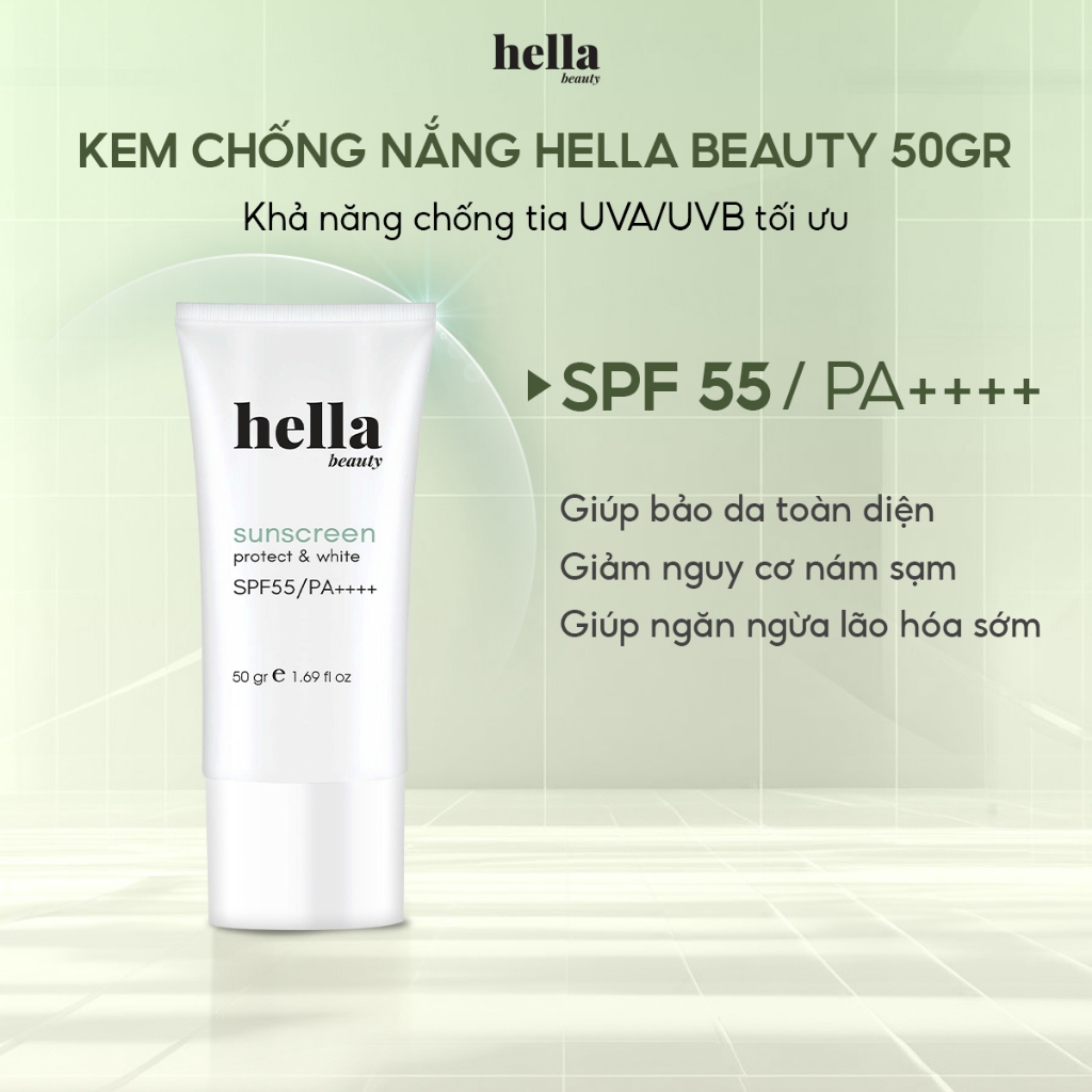 Kem chống nắng SPF55 / PA++++ Hella Beauty bảo vệ tối ưu nâng tone nhẹ nhàng giữ ẩm cho da
