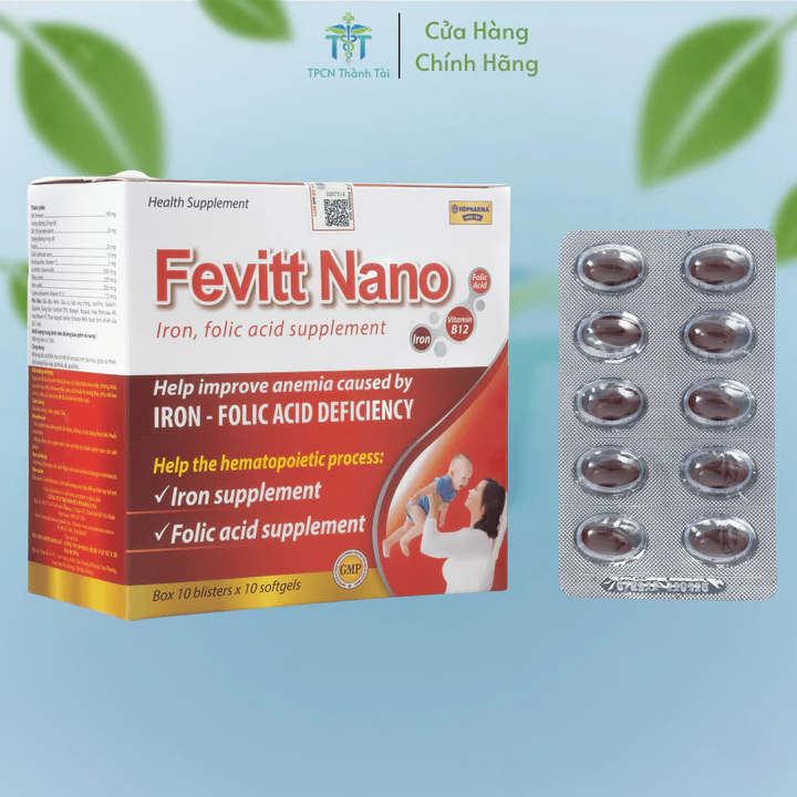(100V 3M) Viên uống FEVITT NANO 100V bổ sung sắt, acid folic, bổ máu, cải thiện tình trạng thiếu máu