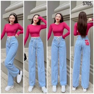 98-100cm Quần Jeans Nữ Lưng Cao Ống Suông Chất mềm Không Co Giãn