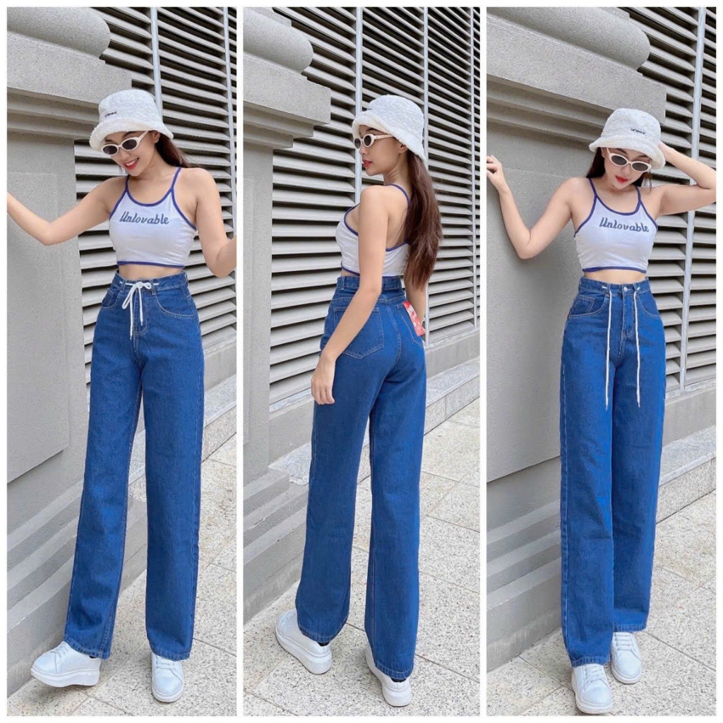 98-100cm Quần Jeans Nữ Lưng Cao Ống Suông Chất mềm Không Co Giãn