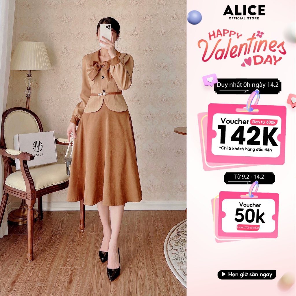Set Áo Công Sở Kèm Nơ Tháo Rời Và Chân Váy Xòe ALICE Chất Dạ Cao Cấp Thiết Kế Thanh Lịch Sang Trọng S244