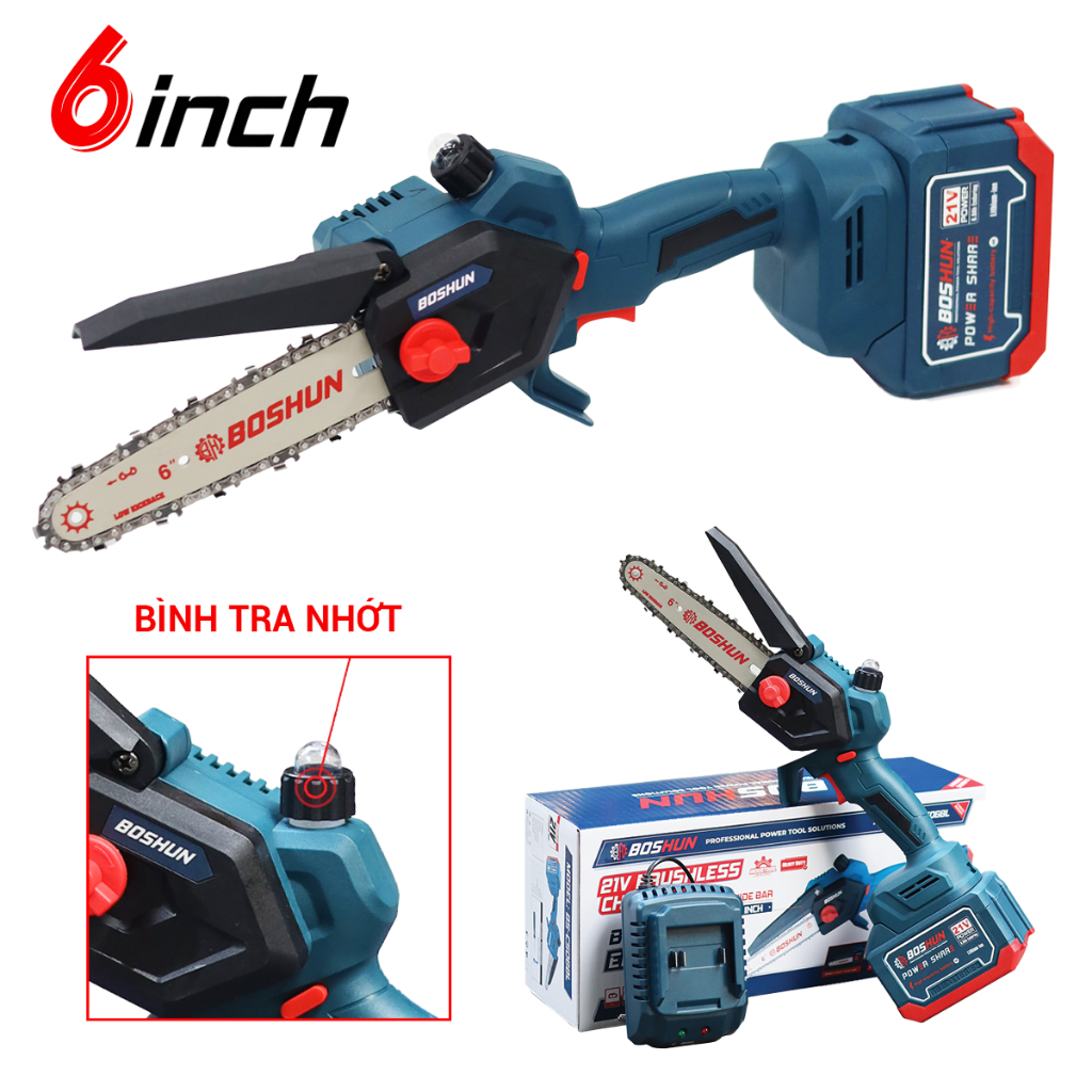 [Tặng Thước Dây] Máy Cưa Xích 6inch BOSSUN BS-CS06BLC Tra Nhớt Tự Động, Cưa Gỗ, Cắt Cây Chính Hãng