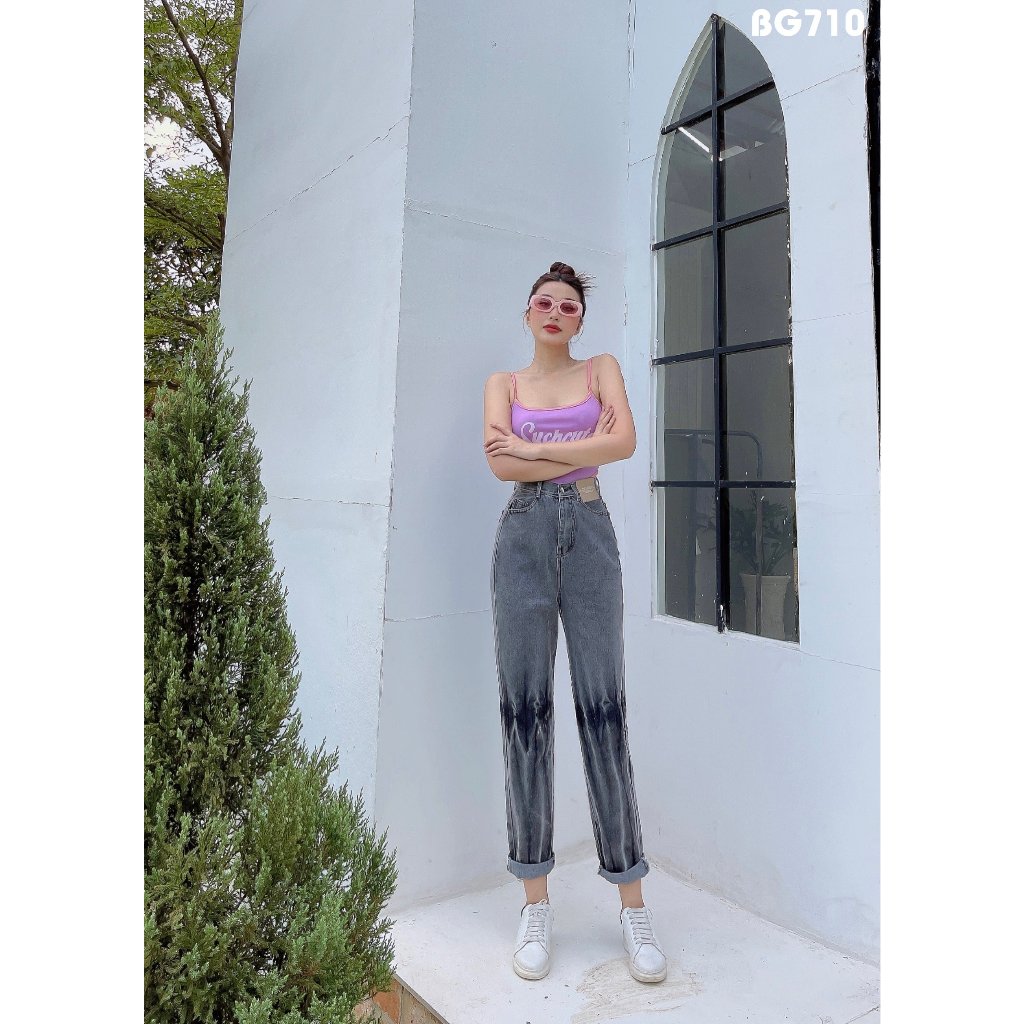 baggy jeans nữ phối màu thời trang