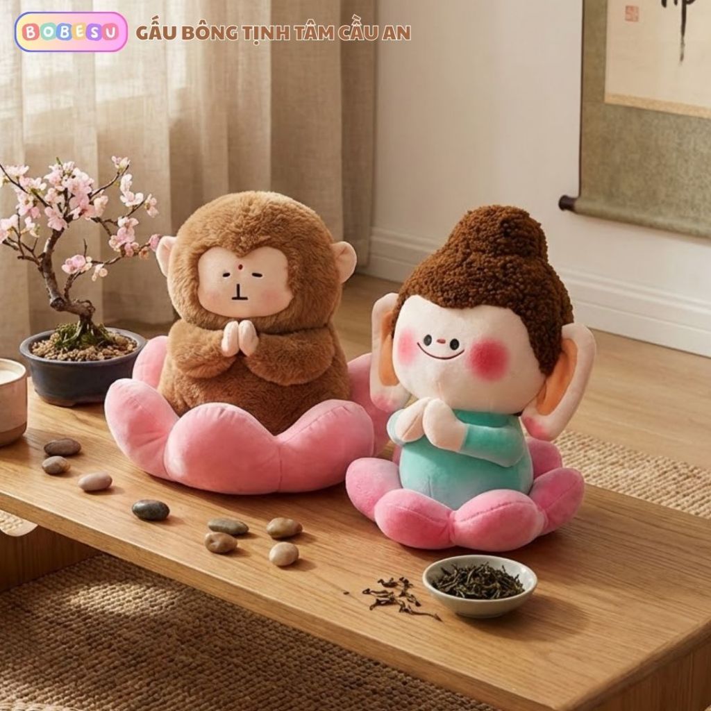 Gấu Bông Khỉ và Phật Ngồi Đài Sen Tịnh Tâm Chữa Lành Món Quà Tặng Ý Nghĩa Cho Người Thân, Decor Bàn Học,Làm Việc