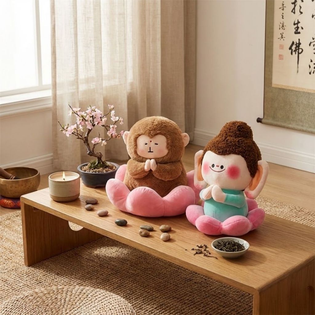 Gấu Bông Khỉ Tịnh Tâm Ngồi Đài Sen Vô Tri Hài Hước, Khỉ Nhồi Bông Tâm Linh Chắp Tay Giải Nghiệp Decor Phòng Độc Lạ