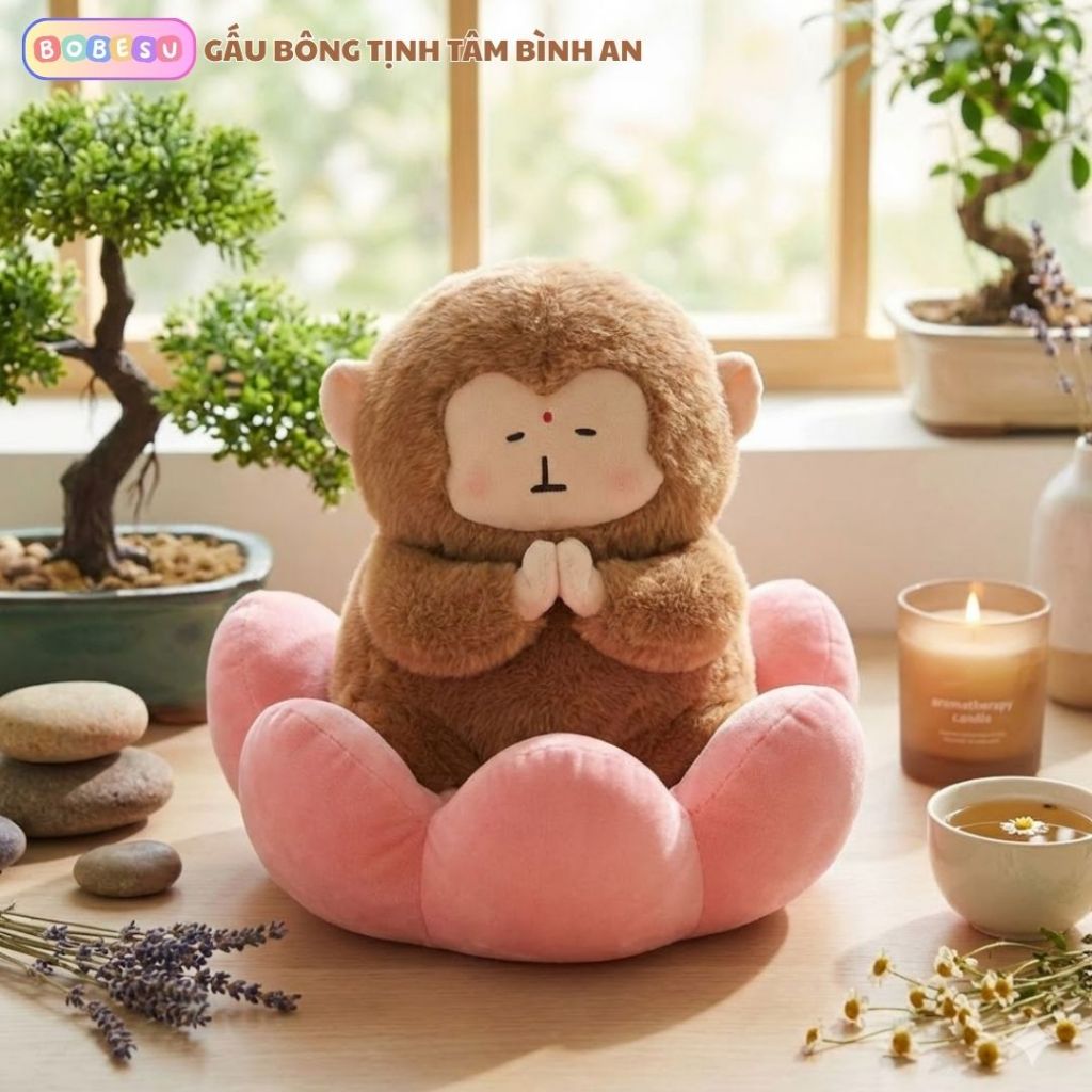 Gấu Bông Khỉ Tịnh Tâm Ngồi Đài Sen Vô Tri Hài Hước, Khỉ Nhồi Bông Tâm Linh Chắp Tay Giải Nghiệp Quà Tặng Decor Độc Lạ