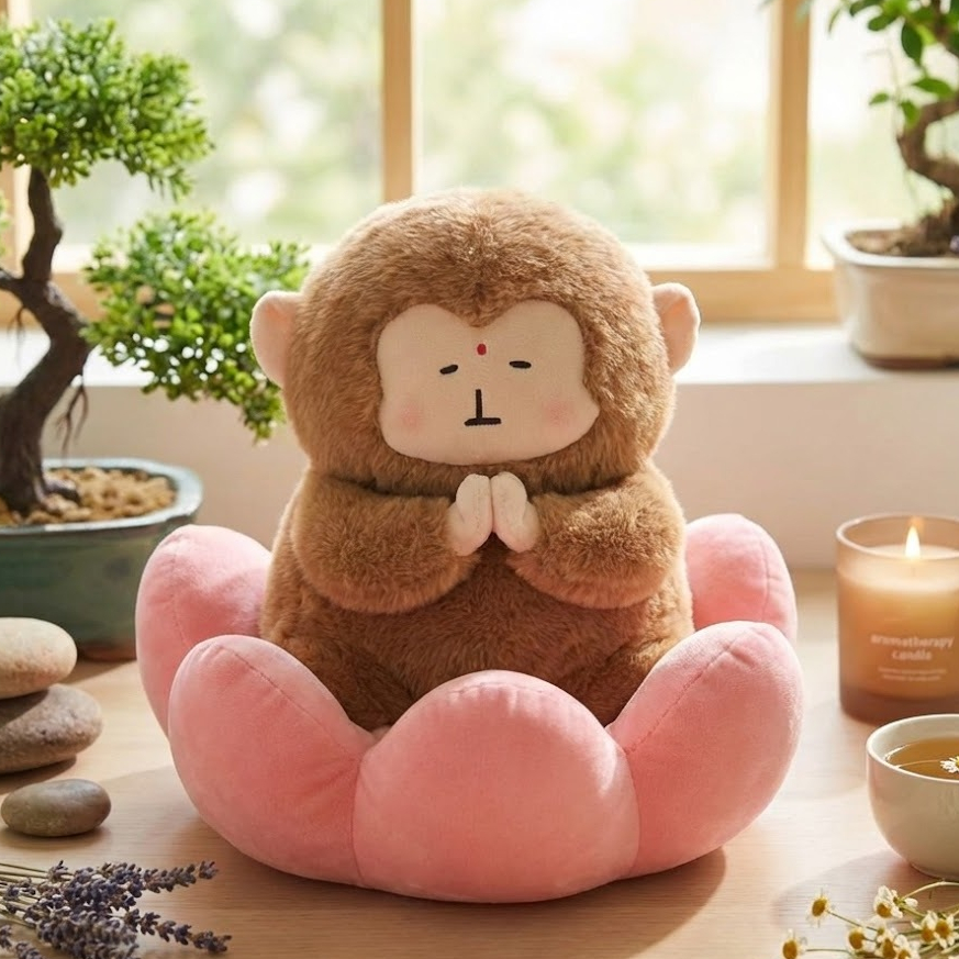 Gấu Bông Khỉ Tịnh Tâm Ngồi Đài Sen Vô Tri Hài Hước, Khỉ Nhồi Bông Tâm Linh Chắp Tay Giải Nghiệp Decor Phòng Độc Lạ