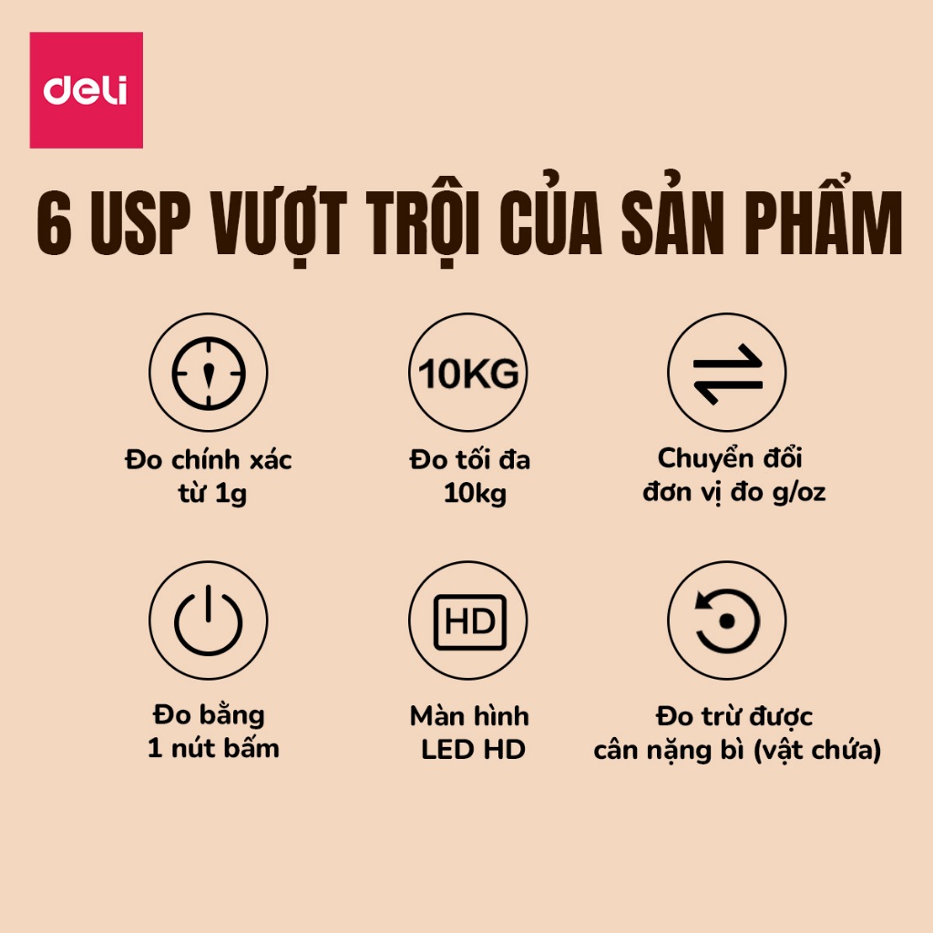Cân Tiểu Ly DELI 1g-10Kg Đo Chính Xác 1 Gam Cân Điện Tử Nhà Bếp, Chuyển Đổi Đơn Vị gam/Oz Đo Trừ Bì Vật Chứa