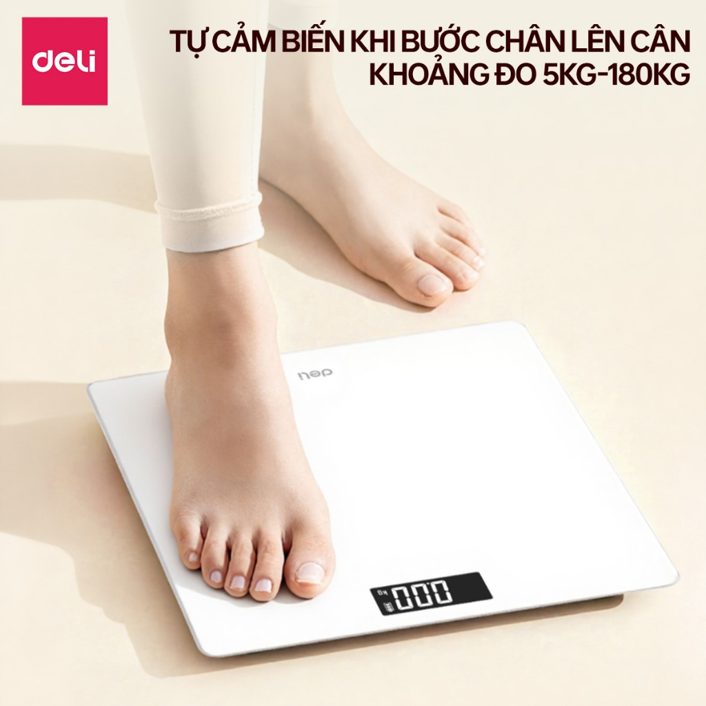 [GIÁ SỐC] Cân Điện Tử Sức Khỏe Deli Chịu Tải 180kg Màn Hình LED Mặt Kính Cường Lực BẢO HÀNH 3 THÁNG KÈM PIN THAY-E86121