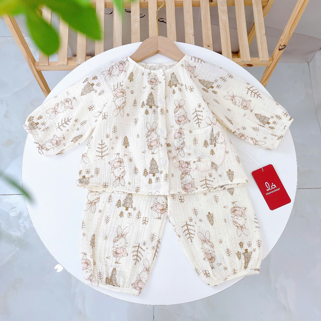 Pijama bé gái xô muslin Lá Homewear A366, đồ bộ dài tay bé gái babydoll melody unicorn kỳ lân
