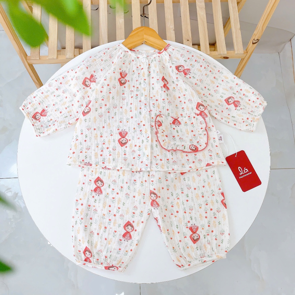 Pijama bé gái xô muslin Lá Homewear A366, đồ bộ dài tay bé gái babydoll melody unicorn kỳ lân