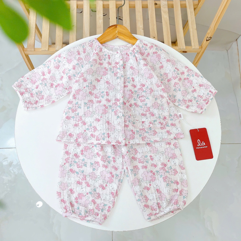 Pijama bé gái xô muslin Lá Homewear A366, đồ bộ dài tay bé gái babydoll melody unicorn kỳ lân