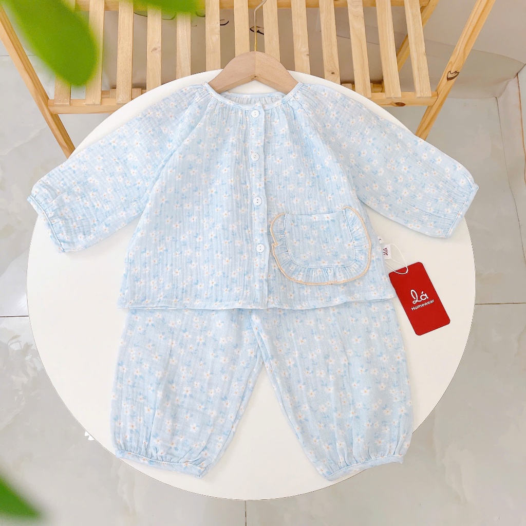Pijama bé gái xô muslin Lá Homewear A366, đồ bộ dài tay bé gái babydoll melody unicorn kỳ lân