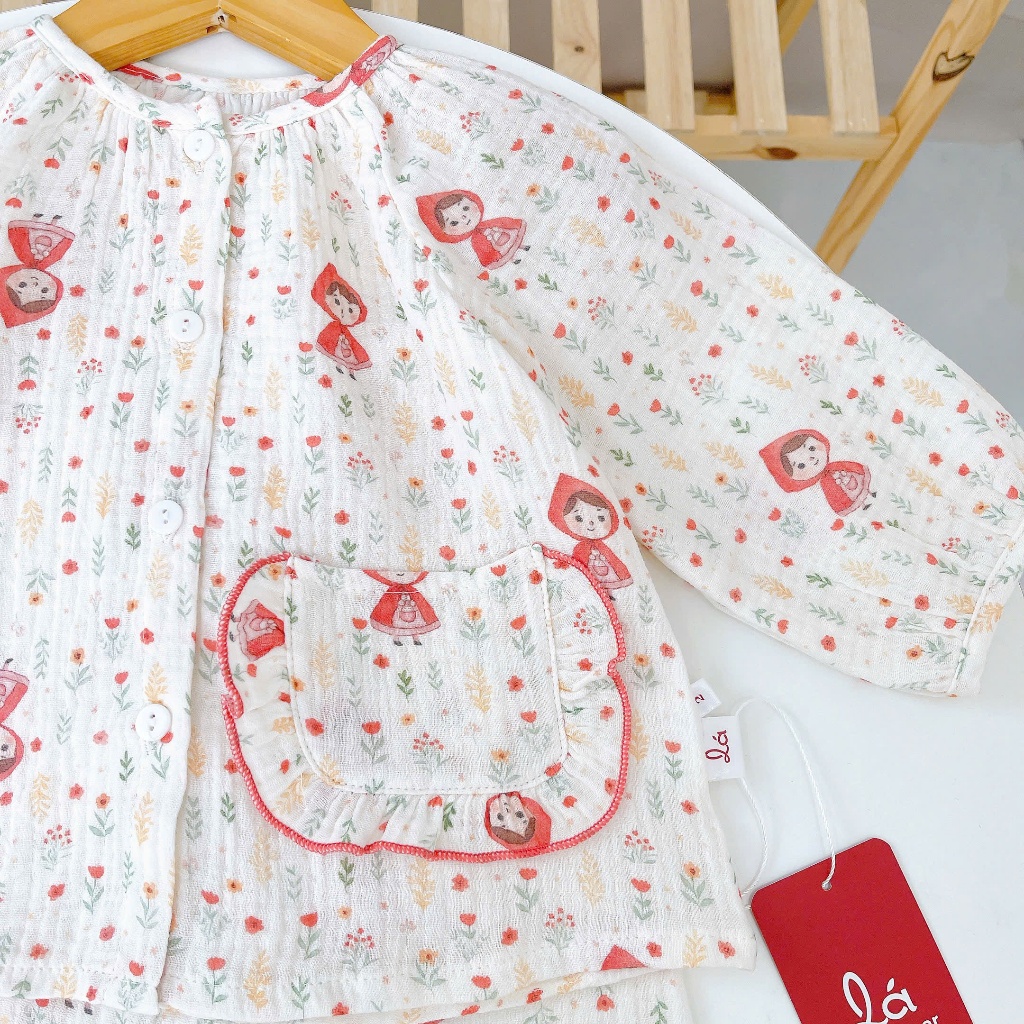 Pijama bé gái xô muslin Lá Homewear A366, đồ bộ dài tay bé gái babydoll melody unicorn kỳ lân