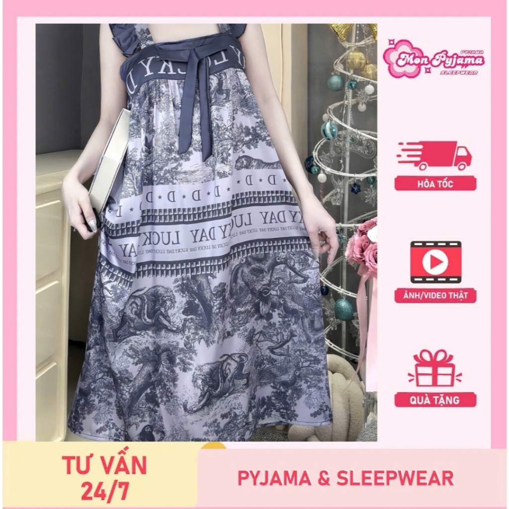 Đầm ngủ lụa cánh tiên,váy ngủ lụa latin lạnh cao cấp mềm mịn mát, đồ ngủ lụa họa tiết dễ thương [87]