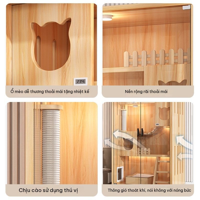 Tủ nhà gỗ villa cho mèo nhiều tầng có thang leo khay vệ sinh phù hợp nuôi mèo trong nhà