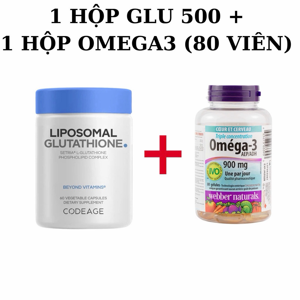 webber glutathione 1 GLU 500 + OMEGA 3 CANADA 80 VIÊN) Viên Uống Liposomal Glutathione 500mg  Codeage 60 viên (và Omega 3 Webber Natural)
