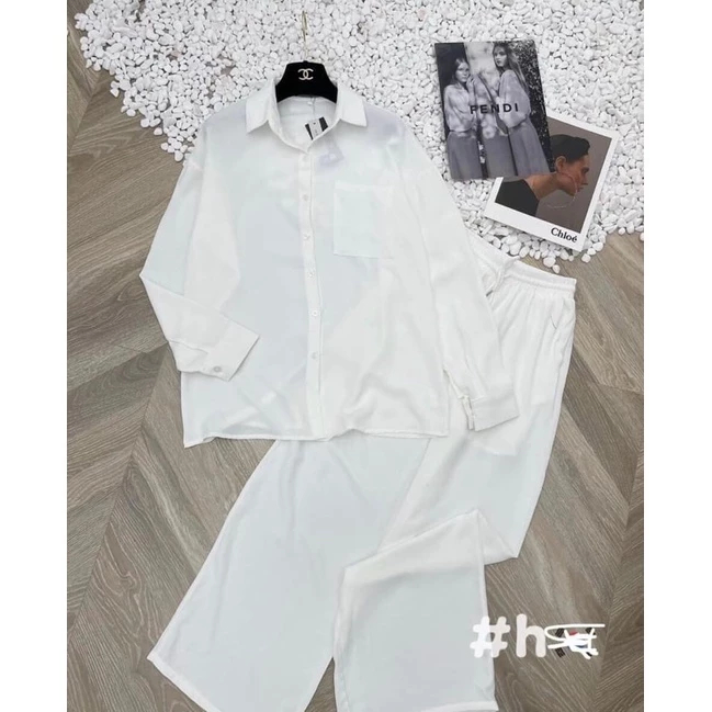 [Peinn] Set 2 món áo sơ mi mix quần ống rộng vải đũi trắng và đen MIX đồ đi chơi cực sang.(áo dài+quần dài)