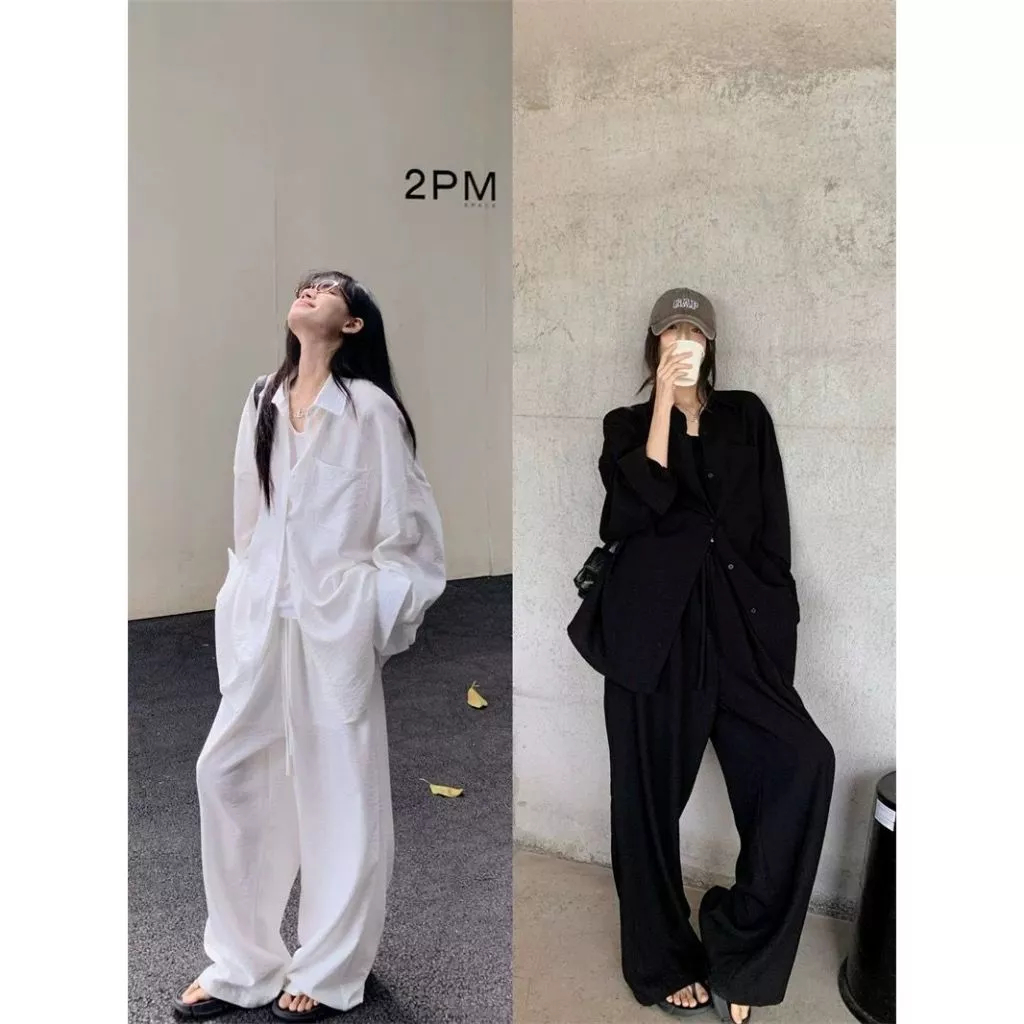 [Peinn] Set 2 món áo sơ mi mix quần ống rộng vải đũi trắng và đen MIX đồ đi chơi cực sang.(áo dài+quần dài)